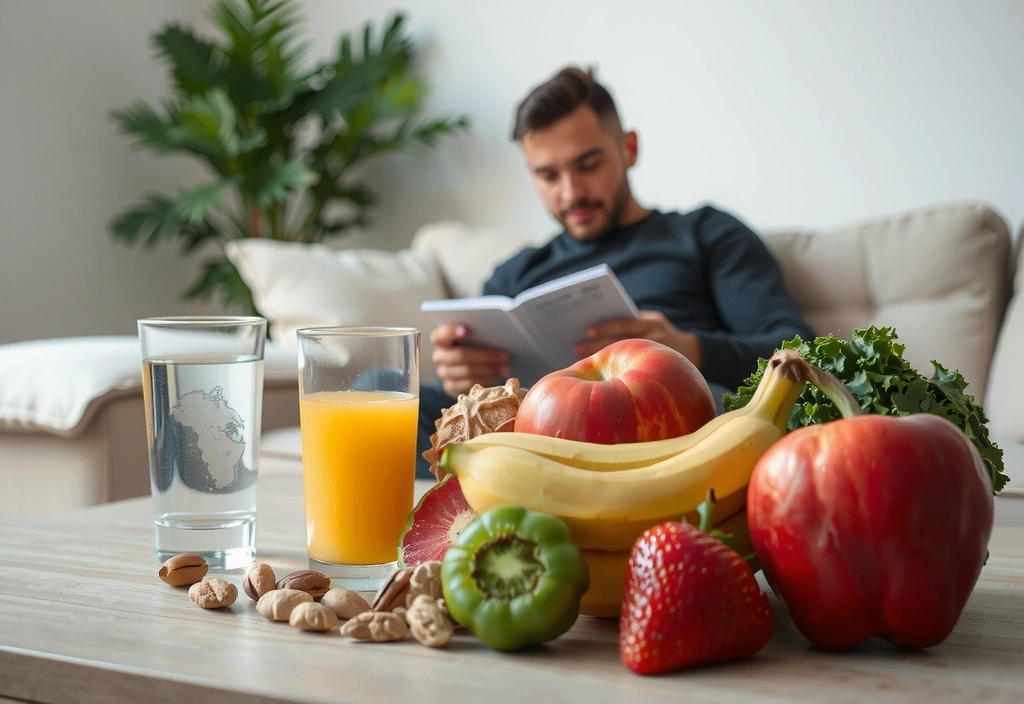 Una persona legge un libro con ingredienti sani in primo piano, simbolo di conoscenza e benessere
