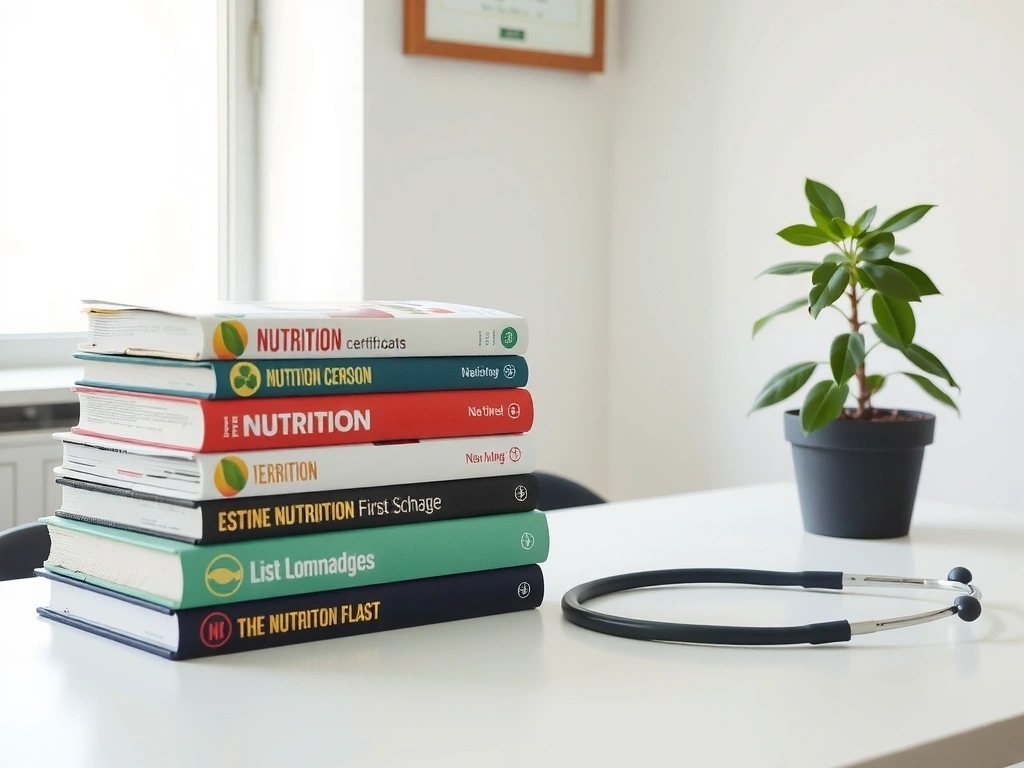 Libri di nutrizione e certificati professionali su una scrivania ordinata.