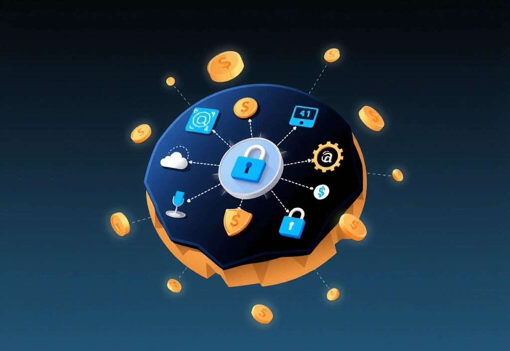 Illustrazione di un biscotto digitale e icone che rappresentano la privacy e la sicurezza dei dati