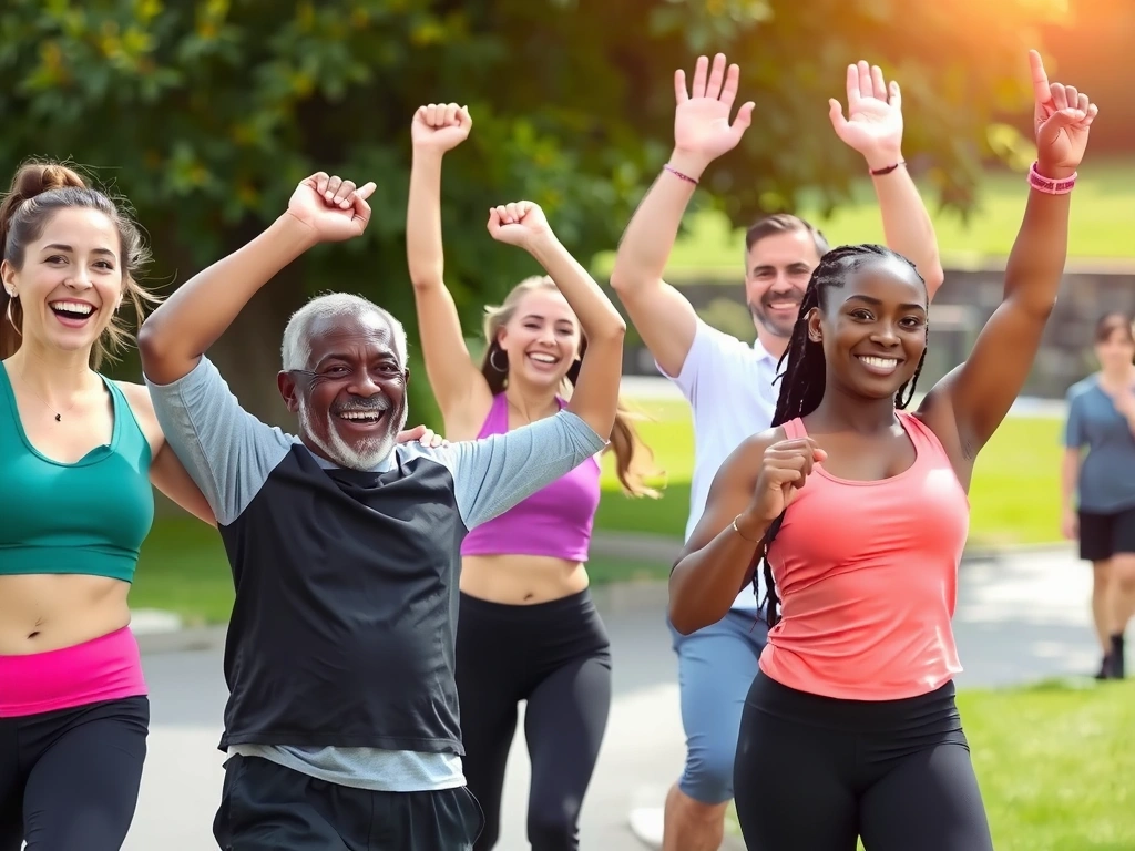 Gruppo di persone felici e in salute che fanno attività fisica all'aperto, sorridendo e festeggiando i loro risultati